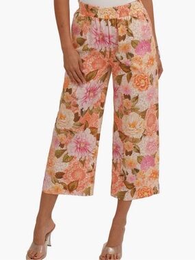 Sunny Leigh 1X Floral Linen Blend Crop Pants Wide Leg Pockets NWT